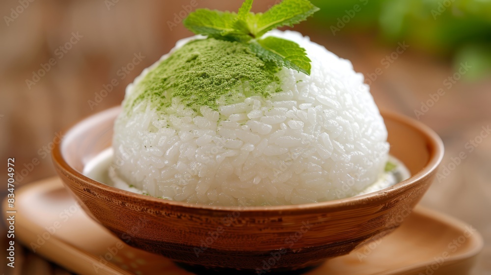 A close-up of a bowl filled with rice Green garnish atop the rice Wooden plate below the bowl A close-up of a bowl filled with rice Green garnish atop the rice Wooden plate below the bowl