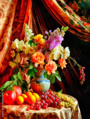 Still life image flowers in a vase and fruits, imitation oil painting.