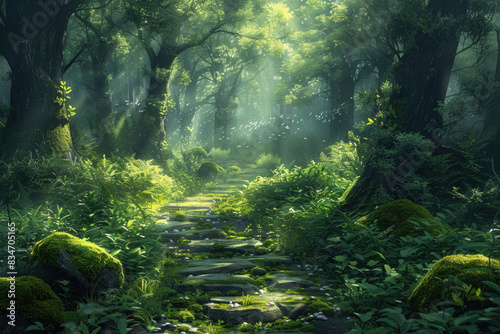 A mystical forest path with dappled sunlight and lush greenery