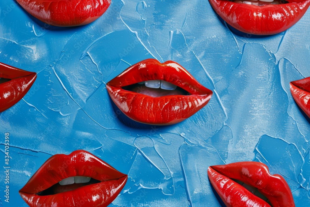 Red Lips Pattern on Blue Abstract Background Red Lips Pattern on Blue Abstract Background