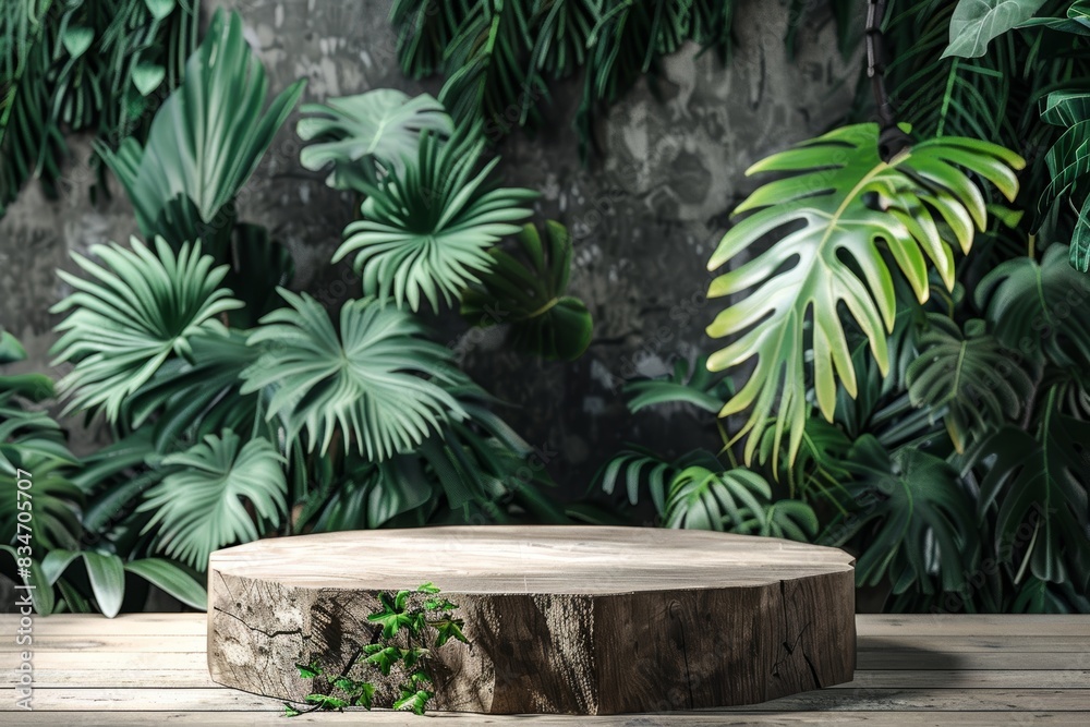 Wooden Podium Surrounded by Lush Tropical Foliage Wooden Podium Surrounded by Lush Tropical Foliage