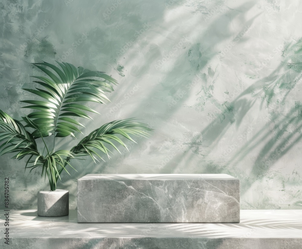 Minimalist Stone Podium With Palm Plant in Sunlight Minimalist Stone Podium With Palm Plant in Sunlight