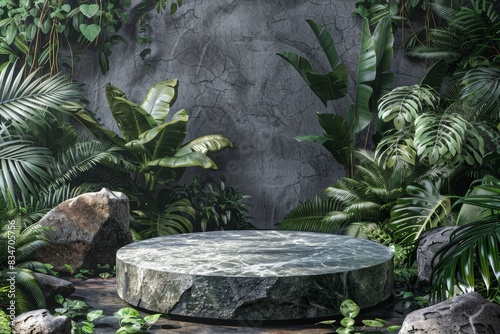 Stone Podium Surrounded by Lush Tropical Foliage