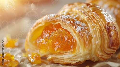 A delightful close-up of an apricot croissant, with sweet apricot jam peeking through flaky layers, boasting vibrant orange hues. photo