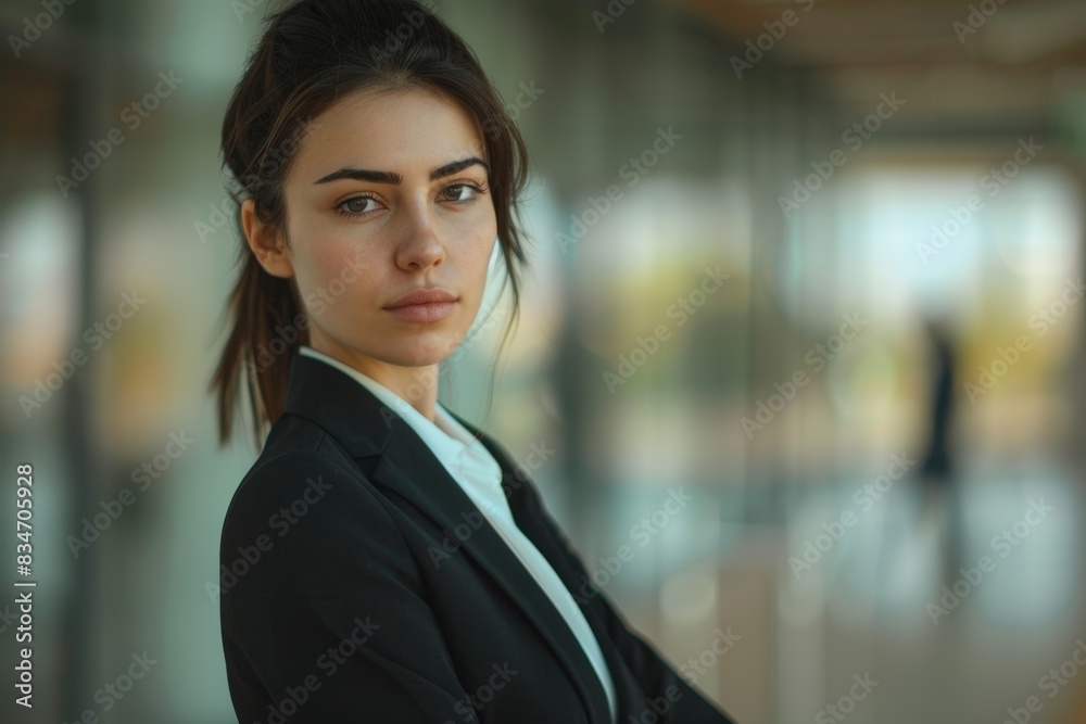 Professional Woman in Black Blazer Standing in Modern Office Space Professional Woman in Black Blazer Standing in Modern Office Space
