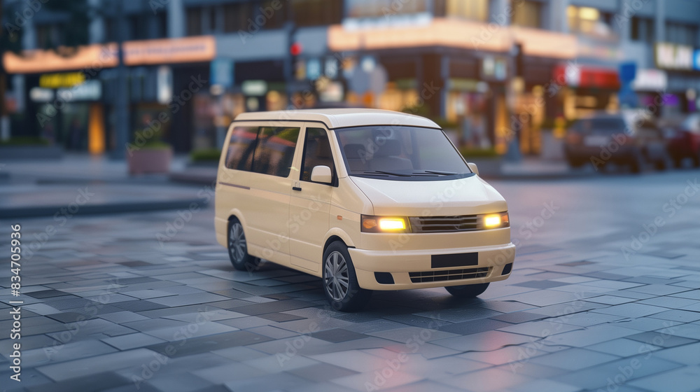 Half of a cream-colored minivan from the front with headlights on, on a blurred plaza background for ads with copy space for text Half of a cream-colored minivan from the front with headlights on, on a blurred plaza background for ads with copy space for text