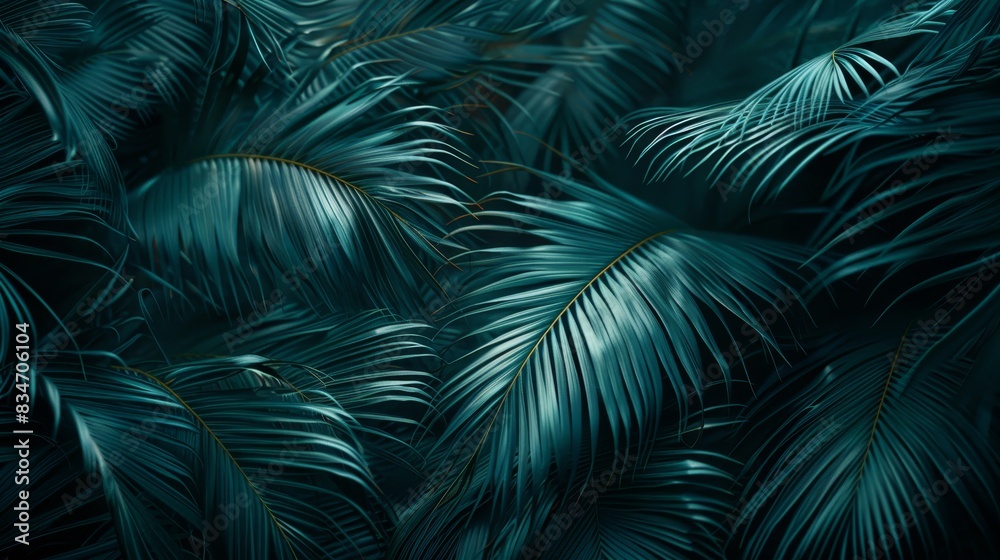  A tight shot of green leaves against a black backdrop, with a blue tint to the left and a green hue gracing the upper right portion