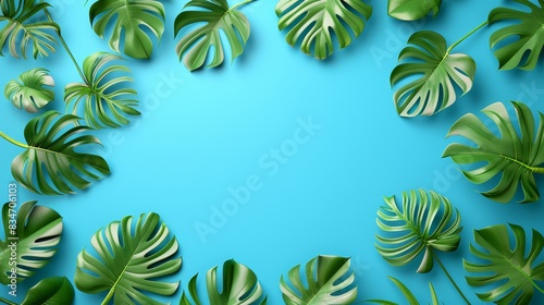 A cluster of green leaves against a blue backdrop Text space in center