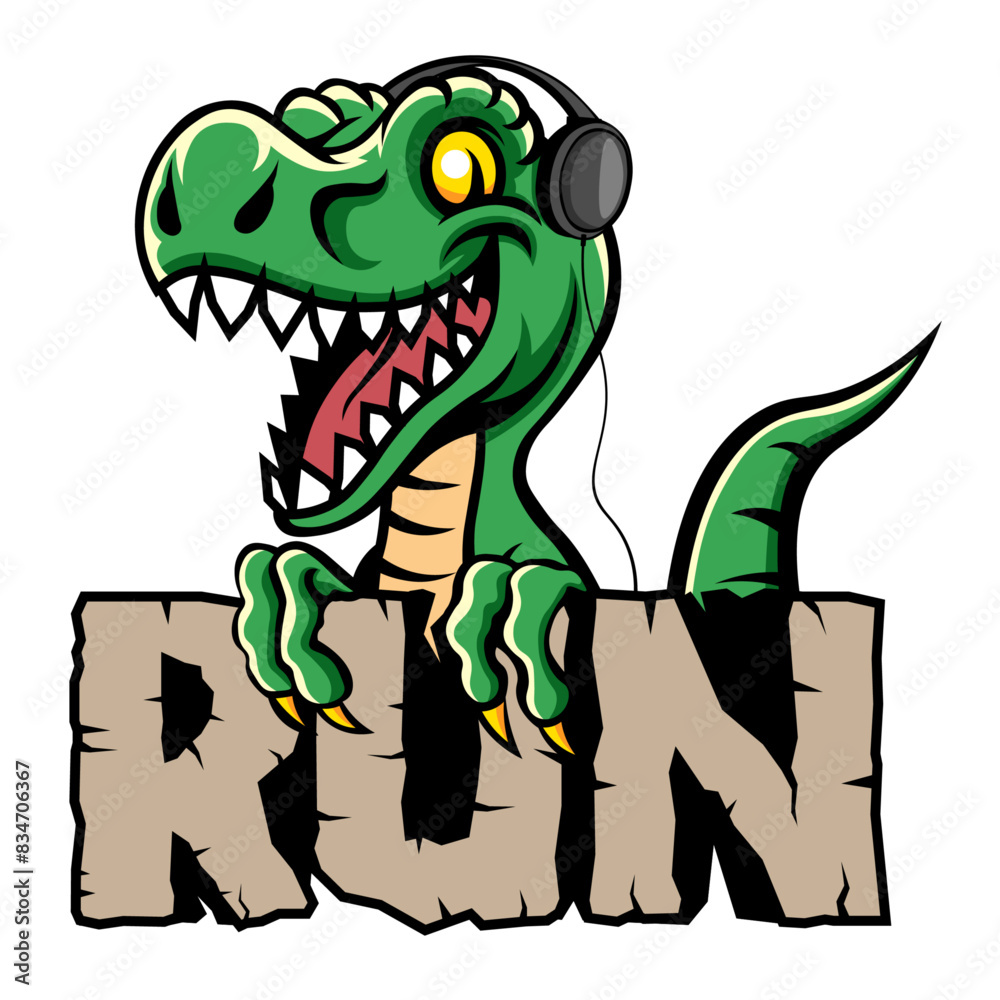 Obraz premium t-rex run with headphones on vector cartoon design illestration good for t-shirt print