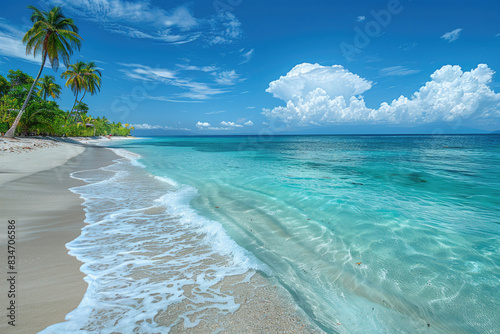 A stunning tropical beach with crystal-clear waters and white sand