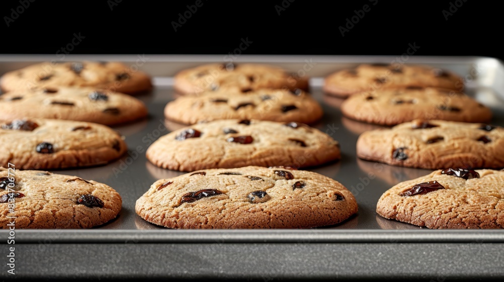 A pan of chocolate chip cookies on the stove, one burner bearing the weight Coffee in a cup nestled amidst the cookies' midst Cookies arranged in a neat row A pan of chocolate chip cookies on the stove, one burner bearing the weight Coffee in a cup nestled amidst the cookies' midst Cookies arranged in a neat row