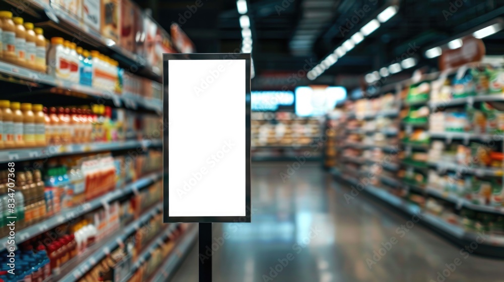 Blank Advertising Billboard in Supermarket Aisle