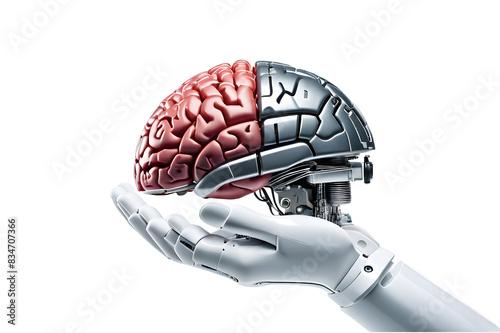 Robot's hand holding a brain isolated on transparent background. Perfect for AI themes, futuristic designs, and technological visuals. 