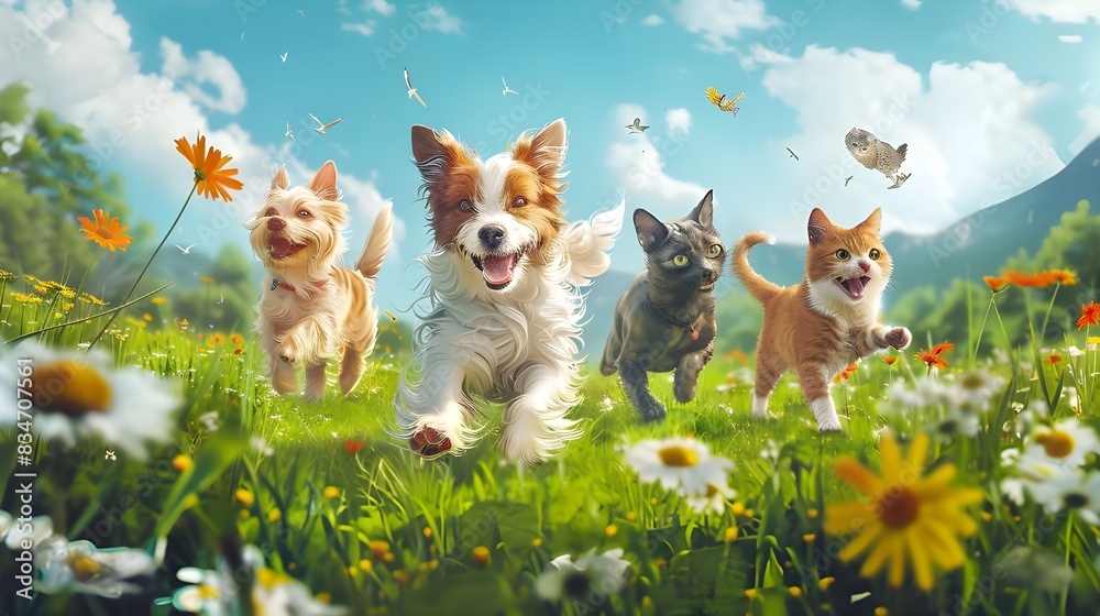 Fototapeta premium dog on the meadow,Cute pets in a vibrant, sunny field, dynamic action shot.