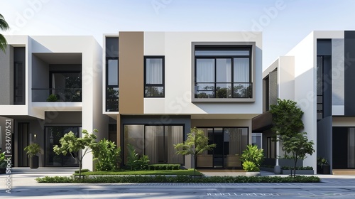 /imagine: A minimalist town house featuring a monochrome color scheme, clean lines, and an open-plan layout. The front yard is meticulously landscaped, enhancing the home's modern appeal. © zahra