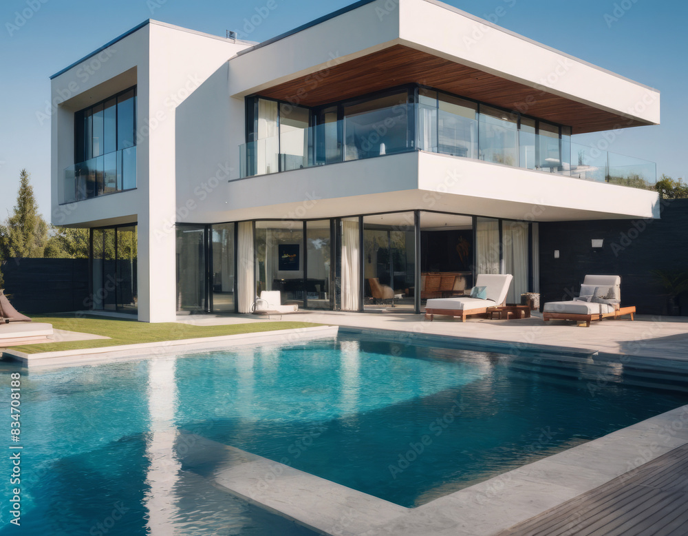 La piscina a forma di L si estende lungo il lato della casa, con una zona relax dotata di ombrelloni e lettini.
