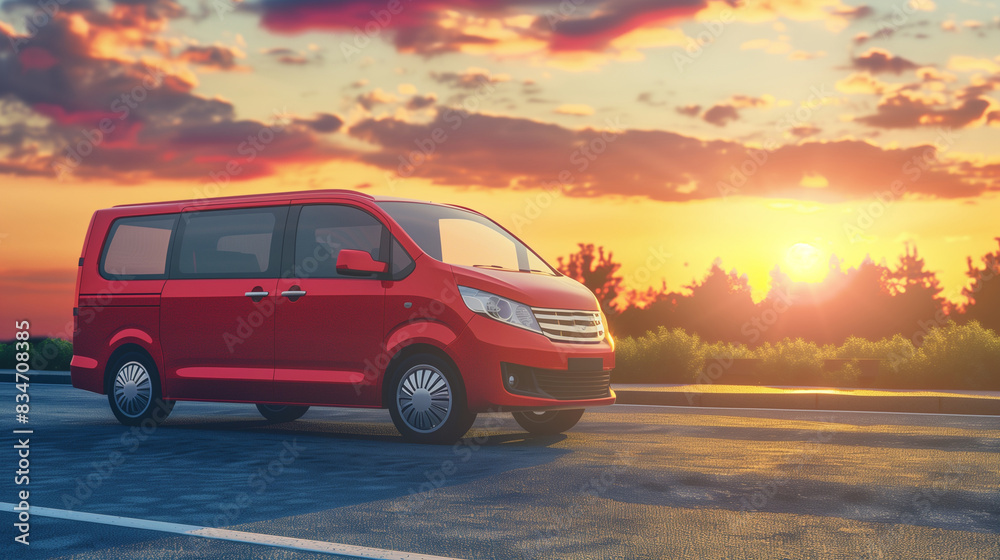 Modern red minivan front left view with copy space for text on blurred sunset background for ads Modern red minivan front left view with copy space for text on blurred sunset background for ads