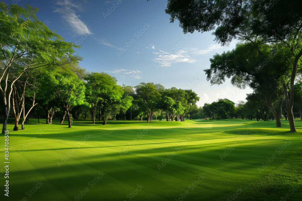 Fototapeta premium Wide angle view of a golf course with trees in the background 