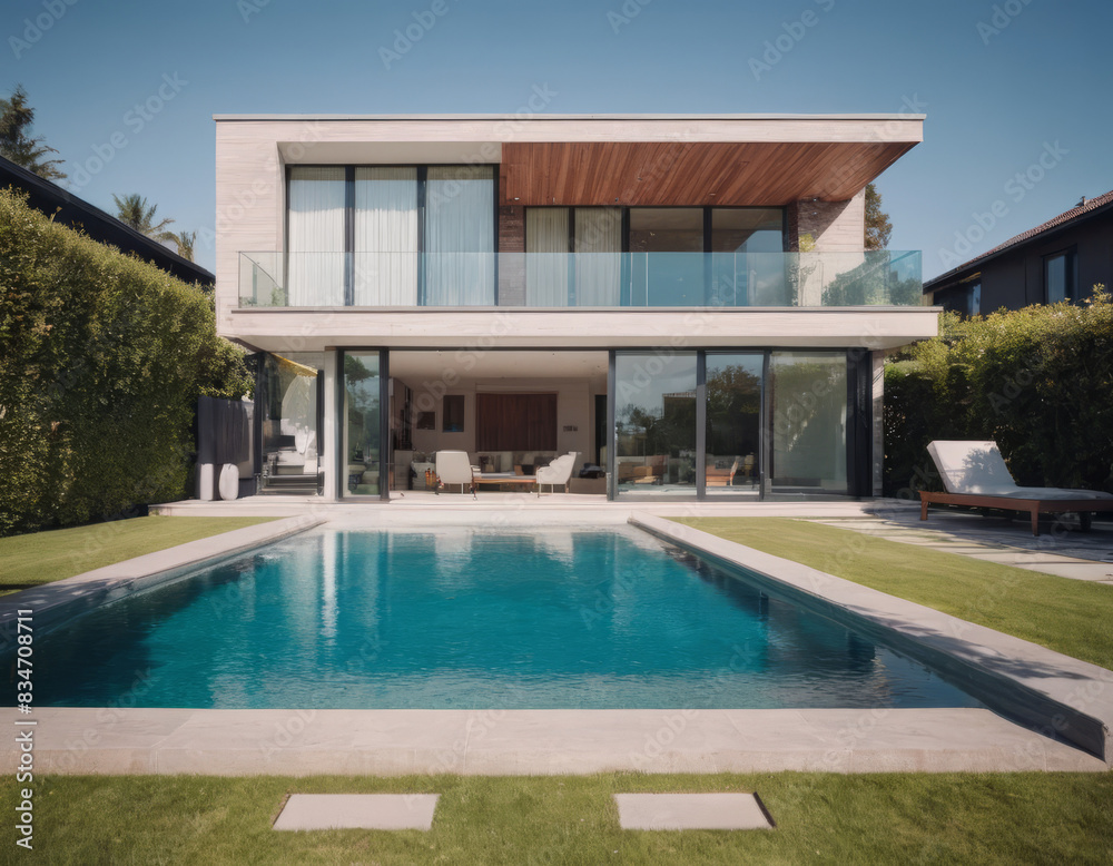 Fototapeta premium Una residenza di lusso con facciata in vetro offre una vista panoramica sulla piscina e sul paesaggio circostante.
