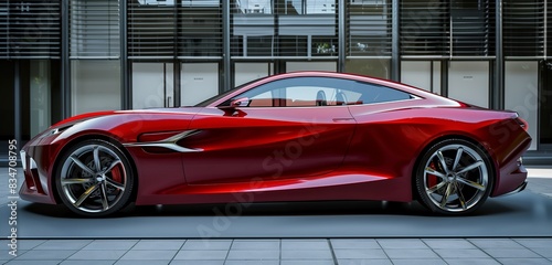 Red sports coupe half side view with copy space on sleek background for dynamic vehicle advertisements