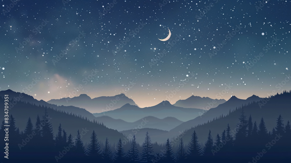 A mountain range with a full moon in the sky. The moon is in the middle of the sky and the mountains are in the background. The sky is dark and the stars are shining brightly A mountain range with a full moon in the sky. The moon is in the middle of the sky and the mountains are in the background. The sky is dark and the stars are shining brightly
