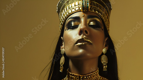 beautiful lady dressed as egyptian goddess, on yellow halloween concept with copy space