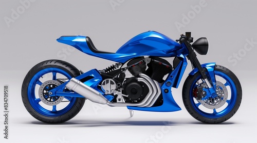 Sleek blue motorcycle back right view with copy space for text on plain background for ads