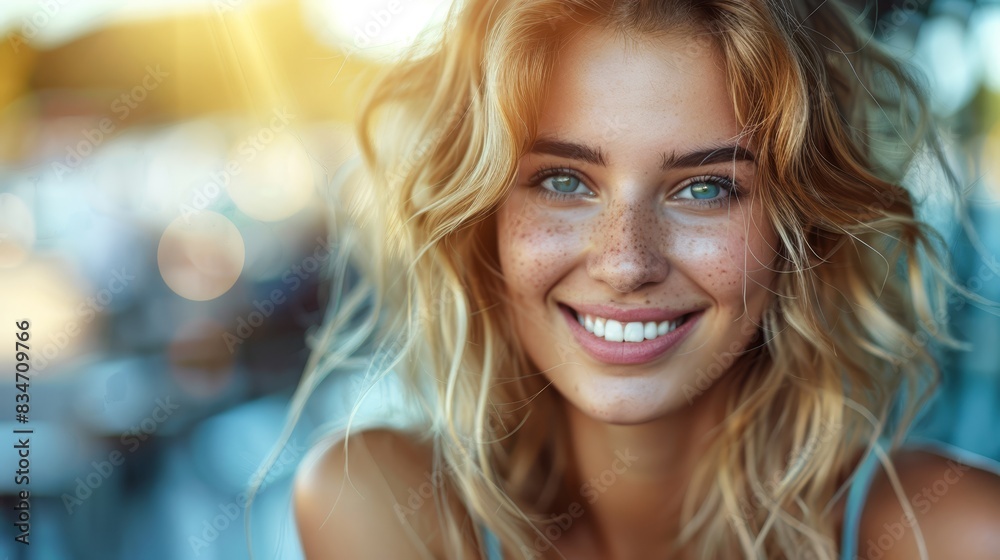 A close-up of a woman's face, adorned with multiple freckles A close-up of a woman's face, adorned with multiple freckles