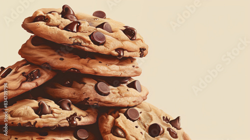 A stack of chocolate chip cookies. The cookies are piled on top of each other photo
