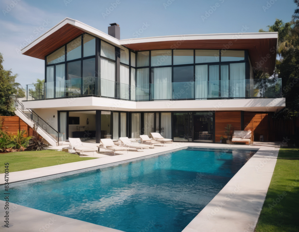 Una casa moderna con ampie vetrate si affaccia su una piscina rettangolare, illuminata dalle luci serali.
