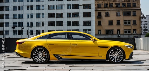 Yellow luxury sedan half side view with ample copy space on urban background for high-end car advertisements