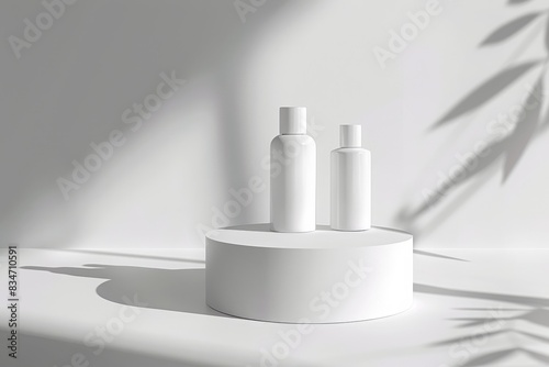 Two white cosmetic bottles on podium isolated on light background with shadows, mockup template for product presentation. mockup of blank packaging for face cream or serum with copy space. © Sabina Gahramanova