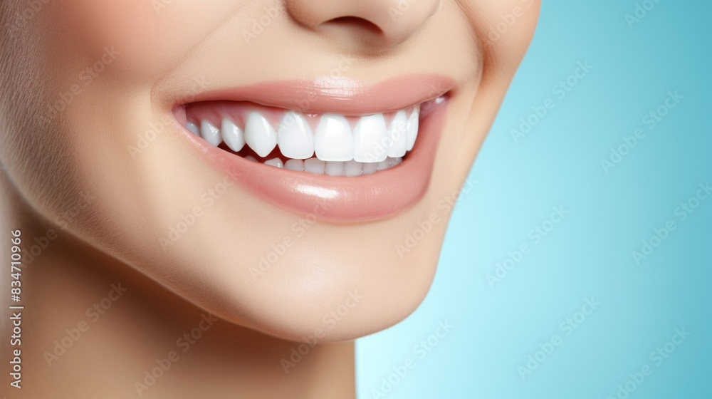 Radiant Smile with Perfect White Teeth on Blue Background Radiant Smile with Perfect White Teeth on Blue Background