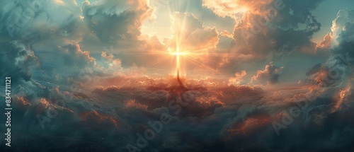 Cross on Golgotha with light rays, Easter greeting card, spiritual, serene clouds, divine landscape, religious symbol, inspirational photo