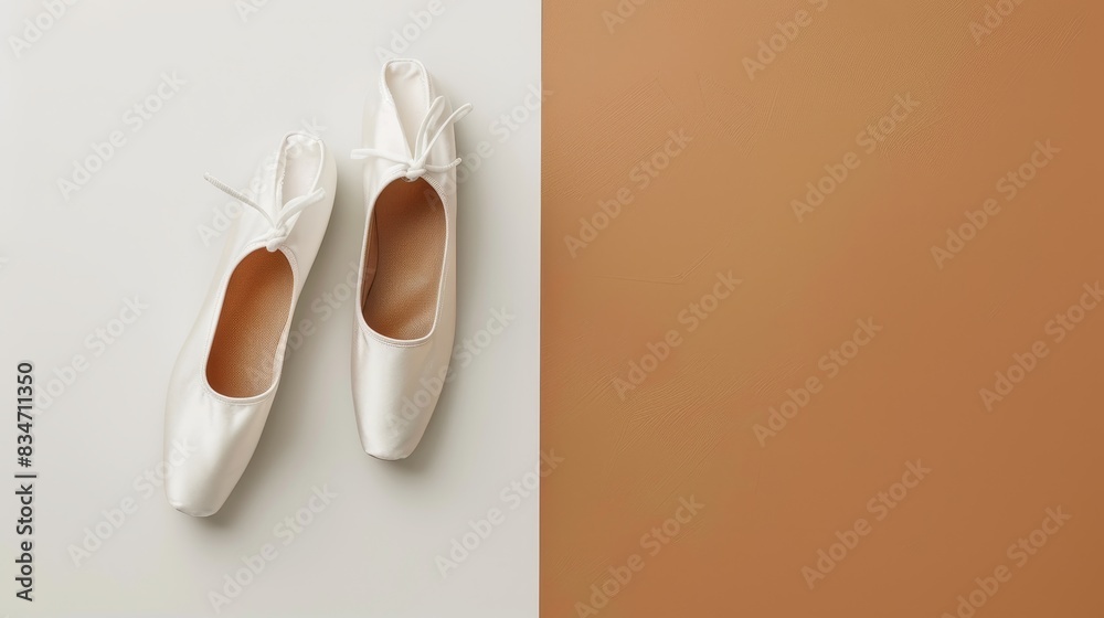 Ballet shoes on white brown background, Split Complementary color scheme, copy space Ballet shoes on white brown background, Split Complementary color scheme, copy space