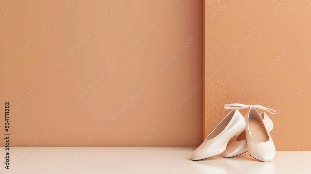 Ballet shoes on white brown background, Split Complementary color scheme, copy space Ballet shoes on white brown background, Split Complementary color scheme, copy space