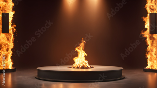  product platform, demo studio. a round platform with a fire burning in it