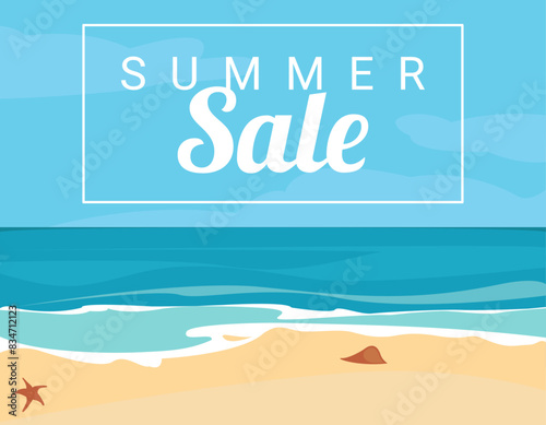 Hot summer sale, summer beach, promotional banner, paradise nature vacation, ocean or sea seashore, background, vector illustration