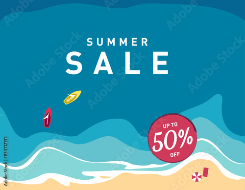 Hot summer sale promotional banner, top view of the sea reaching the coastline, boats in the sea, vector illustration