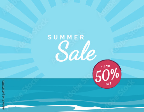 Hot summer sale, summer sea, promotional banner, paradise nature vacation, ocean or sea seashore, background, vector illustration