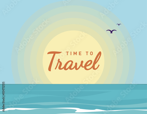 Summer time background with text, colorful tropical ocean sunset background, time to travel, vector illustration