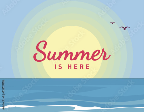 Summer time background with text, colorful tropical ocean sunset background, summer is here, vector illustration