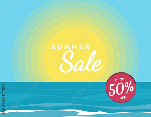 Hot summer sale, summer sea sunset, sunrise, promotional banner, background, vector illustration