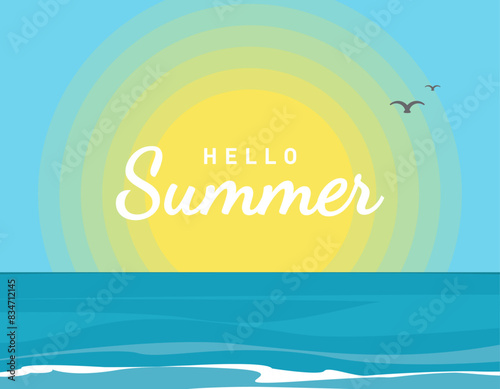 Summer time background with text, colorful tropical ocean sunset background, hello summer, vector illustration