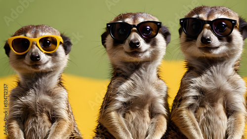 three sloths with sunglasses on and one of them has a yellow plastic lens.