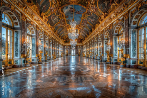 The Hall of Mirrors at Chateau de Versailles with its opulent decor and chandeliers