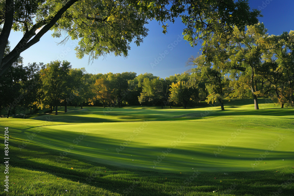 Wide angle view of a golf course with trees in the background Wide angle view of a golf course with trees in the background