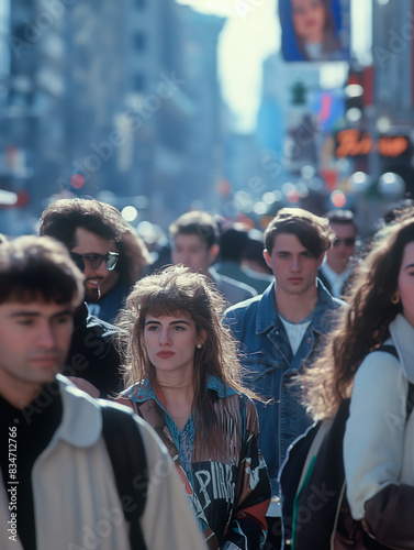 People walking along busy street.