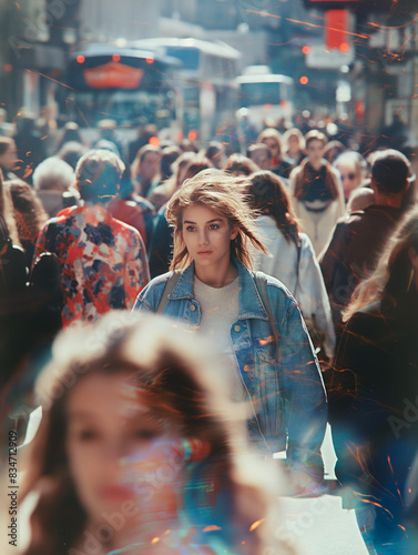 People walking along busy street.