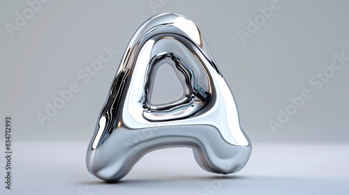 Reflective liquid metal letter A in 3D, with a glossy finish and fluid droplet design, perfect for futuristic font designs.